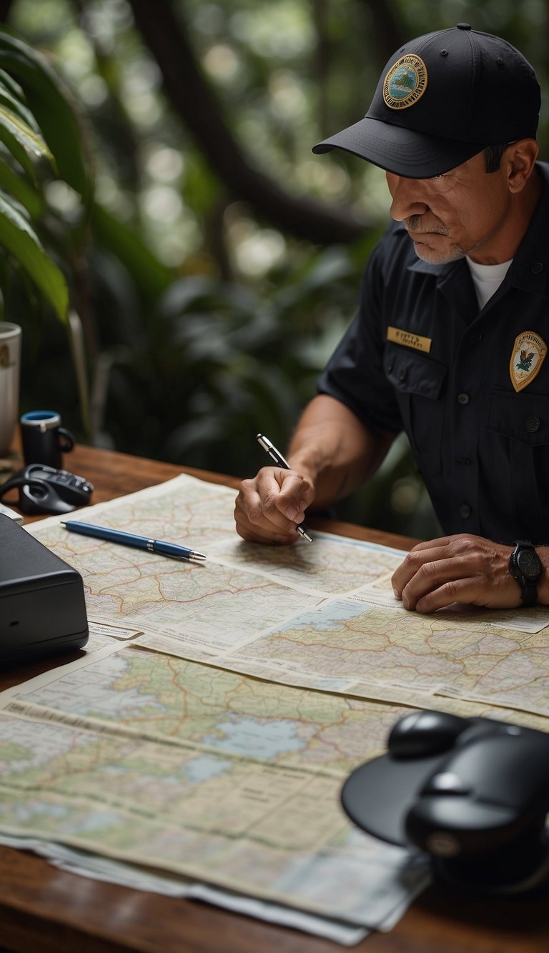 A private investigator searches through files and maps, making phone calls and following leads to locate a missing person in Costa Rica