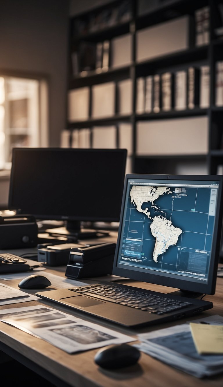 A private investigator's office with maps, photos, and a computer displaying missing person databases