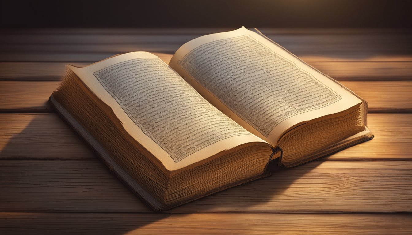 A weathered old book rests open on a wooden table, with a beam of soft light illuminating the pages, casting shadows on the intricate calligraphy of stoic quotes