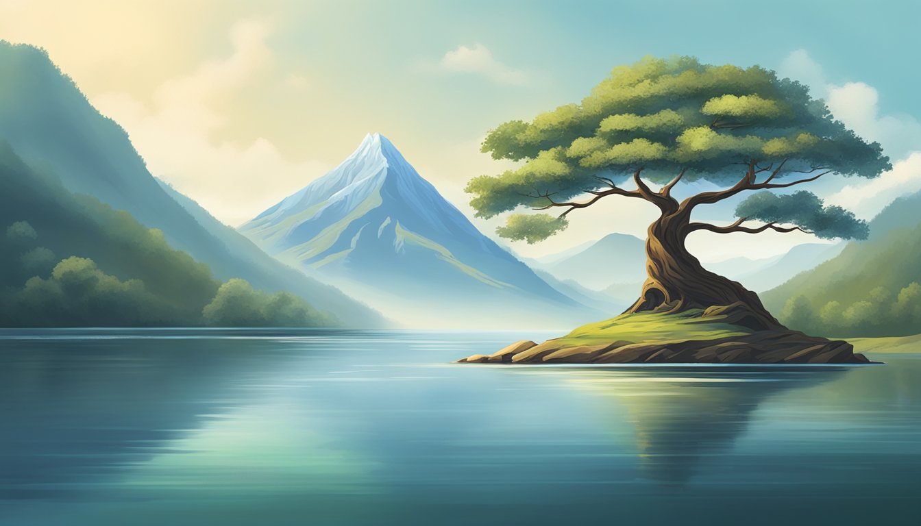 A serene mountain landscape with a solitary tree, surrounded by calm waters and a clear blue sky, with the words "Living the Wise Life stoic quotes timeless wisdom for wise life" written in elegant script above