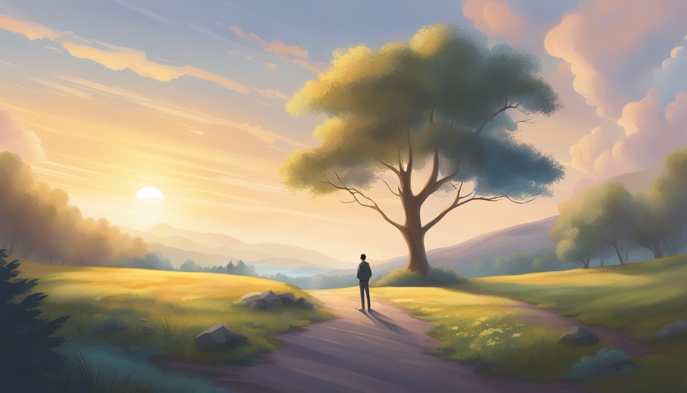 A serene, peaceful setting with a clear path leading towards a bright, hopeful future.</p><p>A figure stands at a crossroads, contemplating their choices