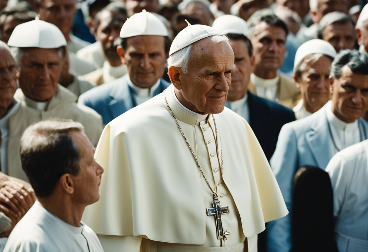 Pope John Paul II standing in prayer, surrounded by a crowd of pilgrims at a religious site