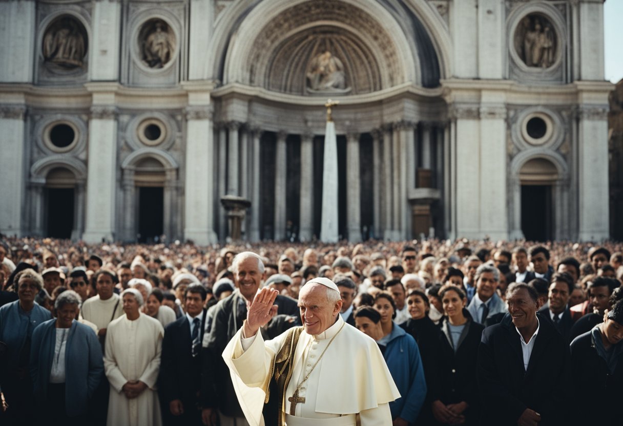 Pope John Paul II standing in front of a historic cathedral, surrounded by a crowd of pilgrims, with a serene expression on his face