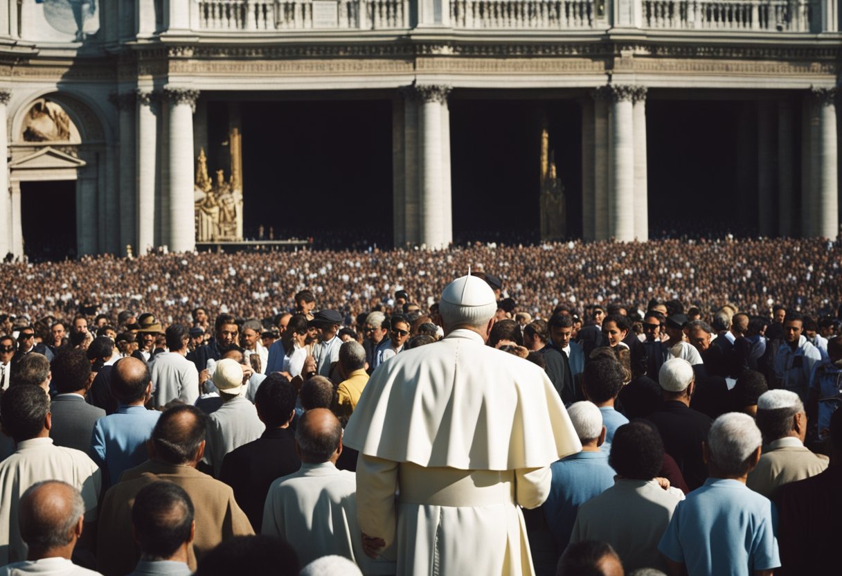 Pope John Paul II's canonization: a humble pilgrim, surrounded by adoring crowds, stands before the grandeur of St. Peter's Basilica