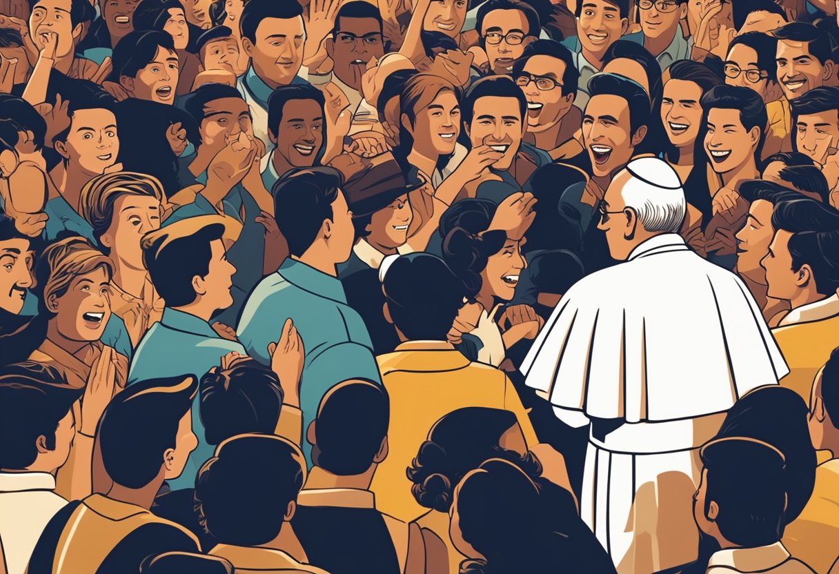 The illustration depicts a crowded event with people asking questions about São João Paulo II, the Pope. The scene shows a lively and engaging atmosphere with individuals interacting and seeking answers