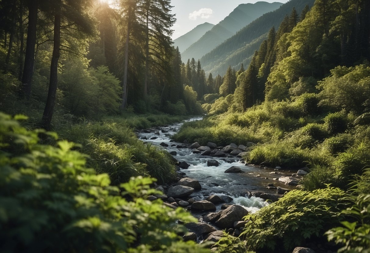 Lush green forest with native birds flying, mountains in the distance, and a clear stream flowing through the landscape