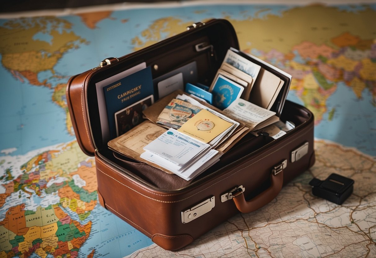 A suitcase with travel stickers sits open on a map, surrounded by postcards and a camera. A passport and boarding pass peek out from the clutter