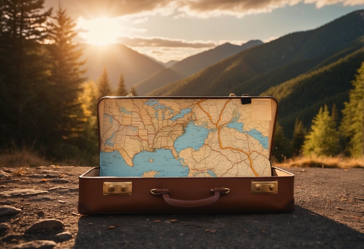 A winding road leading through mountains and forests, with a suitcase and a map lying on the ground. The sun is setting, casting a warm glow over the scene