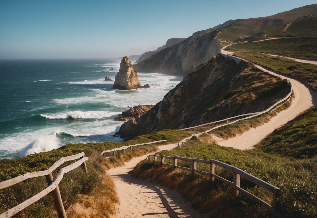 A winding path along the rugged coastline of Portugal, with crashing waves and towering cliffs