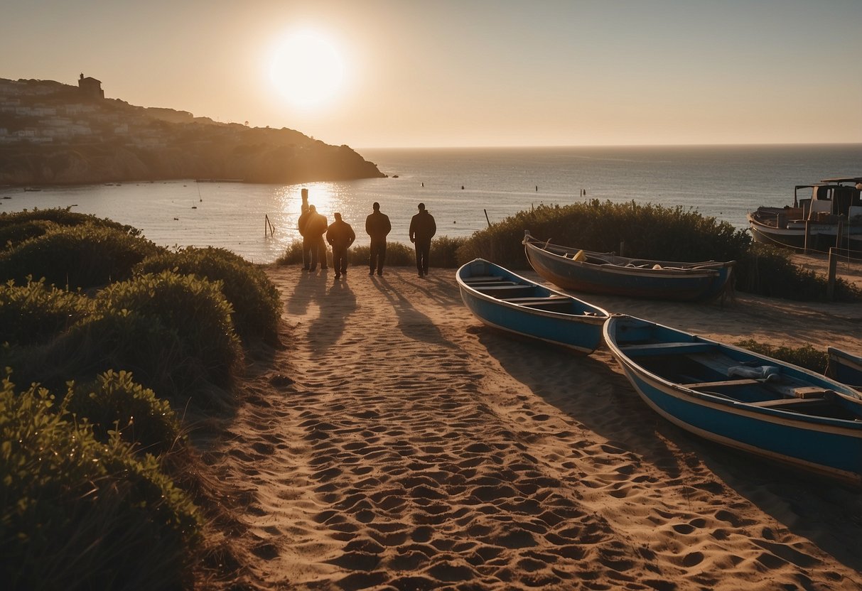 A fisherman's path in Portugal, with nets and boats being prepared for the day's catch. The sun rises over the calm waters, casting a warm glow on the scene