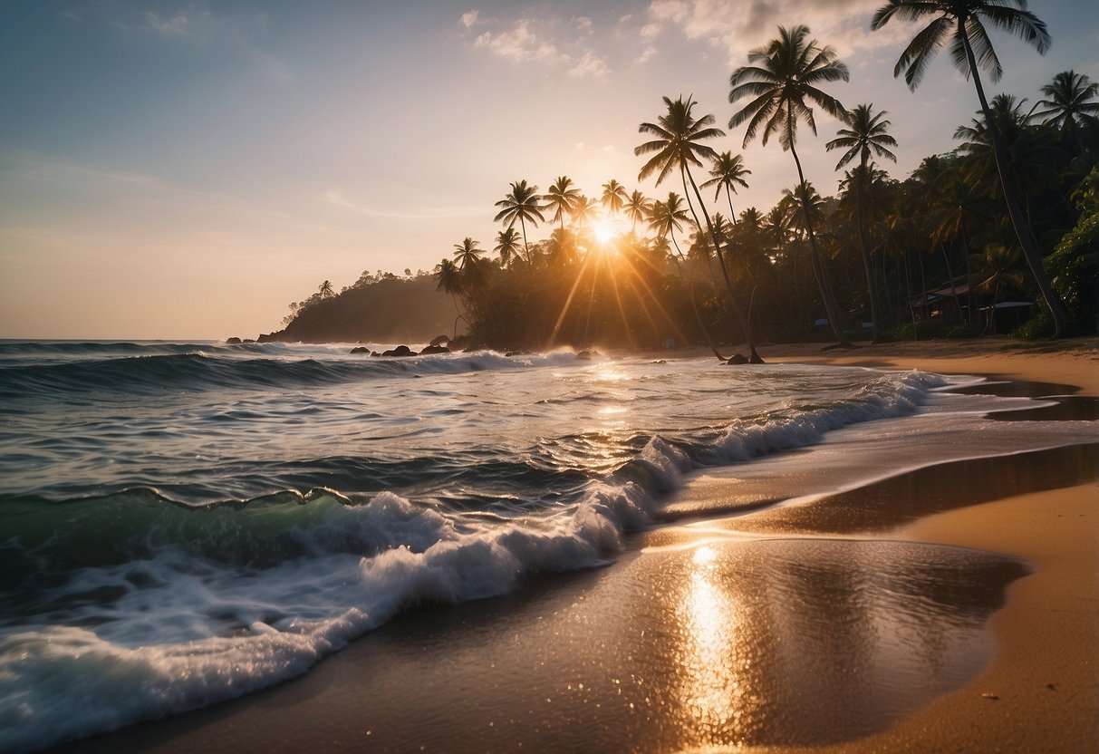 A serene beach at sunset with palm trees swaying in the breeze and waves gently lapping at the shore in Ella, Sri Lanka
