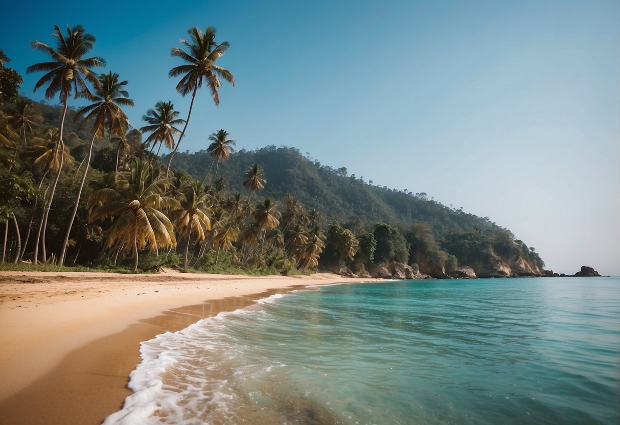 A serene beach with palm trees and a clear blue sky, overlooking the turquoise waters of Ella, Sri Lanka
