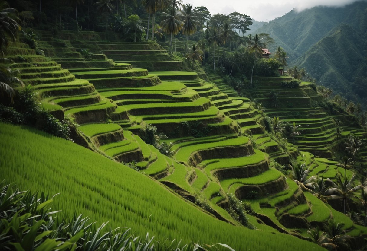 Lush green rice terraces cascade down the mountainside, dotted with traditional Balinese temples and surrounded by vibrant tropical flora