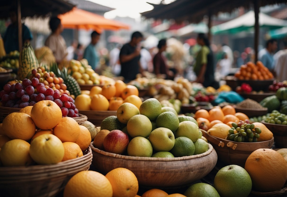 A colorful Balinese market with exotic fruits, traditional crafts, and vibrant fabrics on display. The scent of incense and the sound of traditional music fill the air