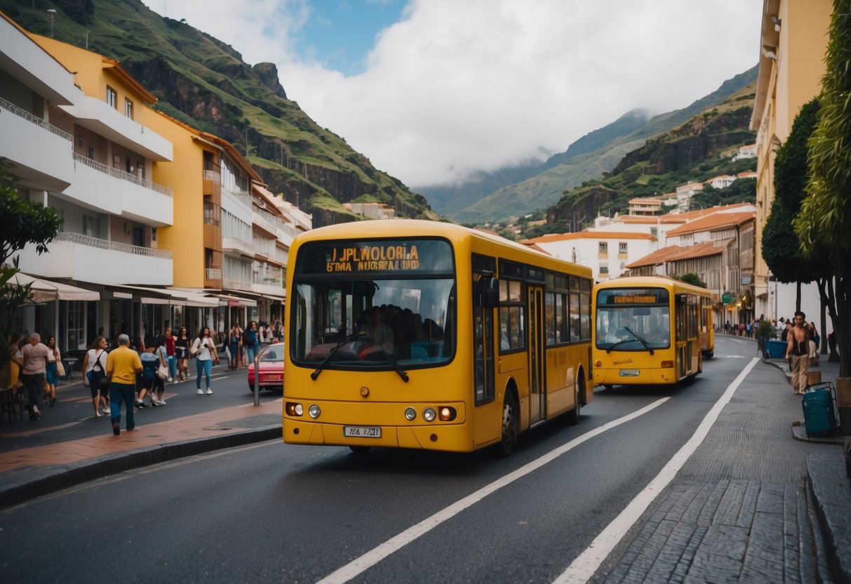 A bustling street with colorful public transportation vehicles in Madeira