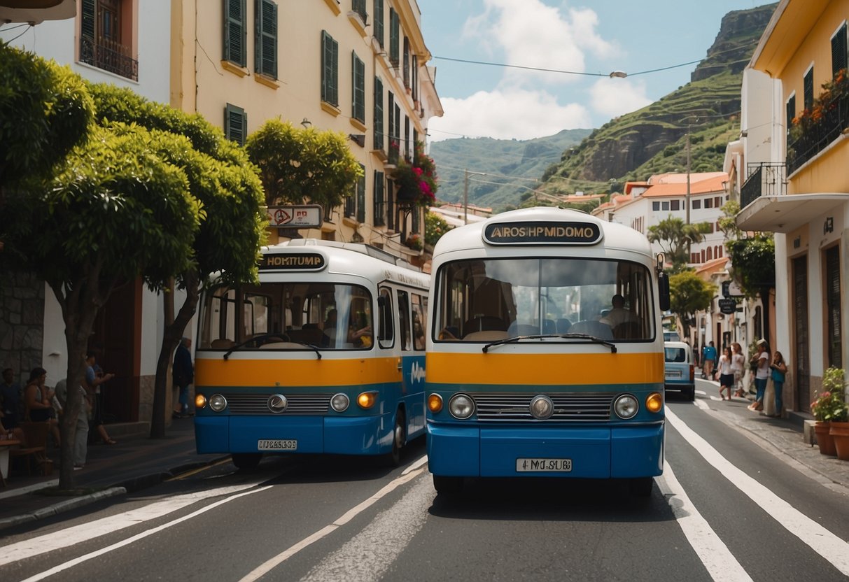 A bustling street in Madeira with colorful public transportation vehicles and signs for navigation tips