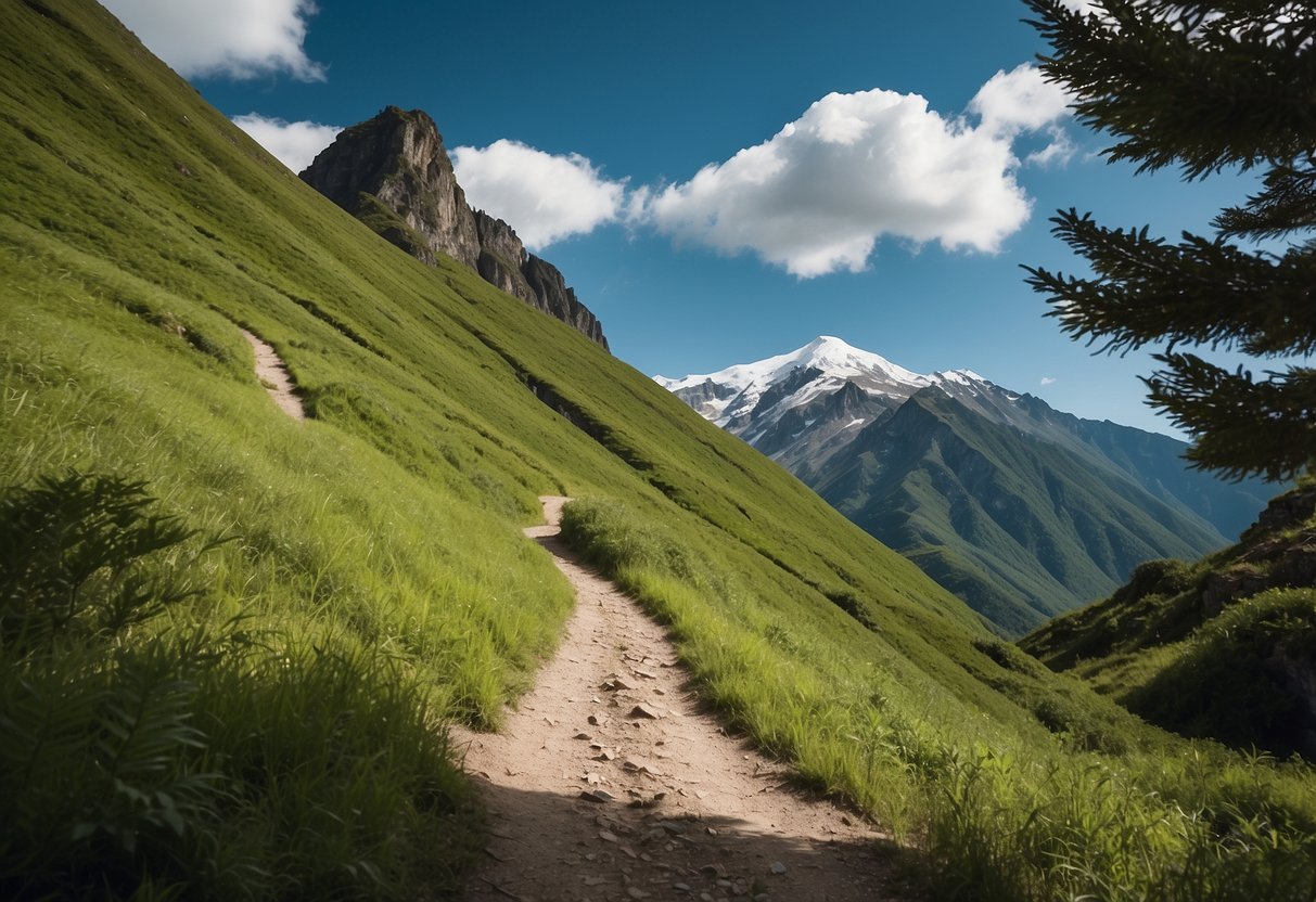 Lush green mountains tower over a winding trail, leading to a distant peak under a clear blue sky