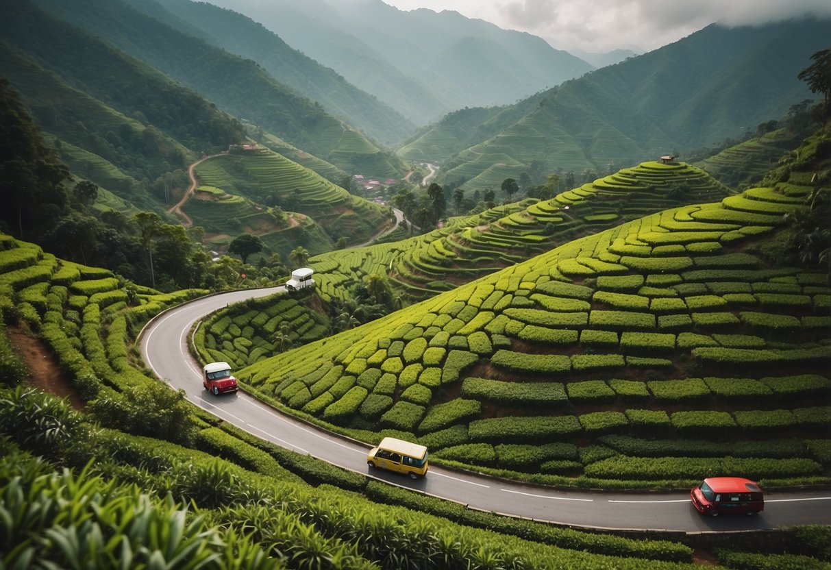 A winding road through lush green tea plantations with misty mountains in the background and colorful tuk-tuks zipping by