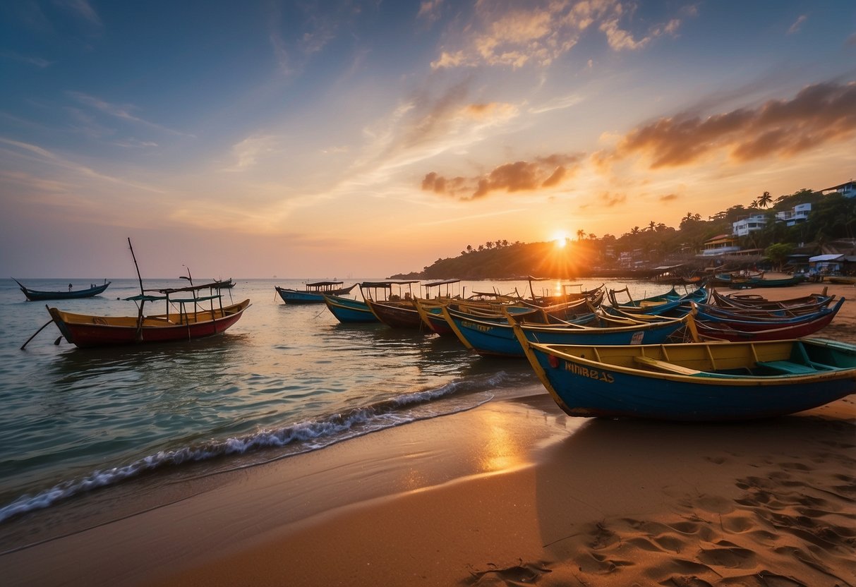 The sun sets over the calm waters of Mirissa, casting a warm glow on the sandy beach and the colorful fishing boats bobbing in the harbor