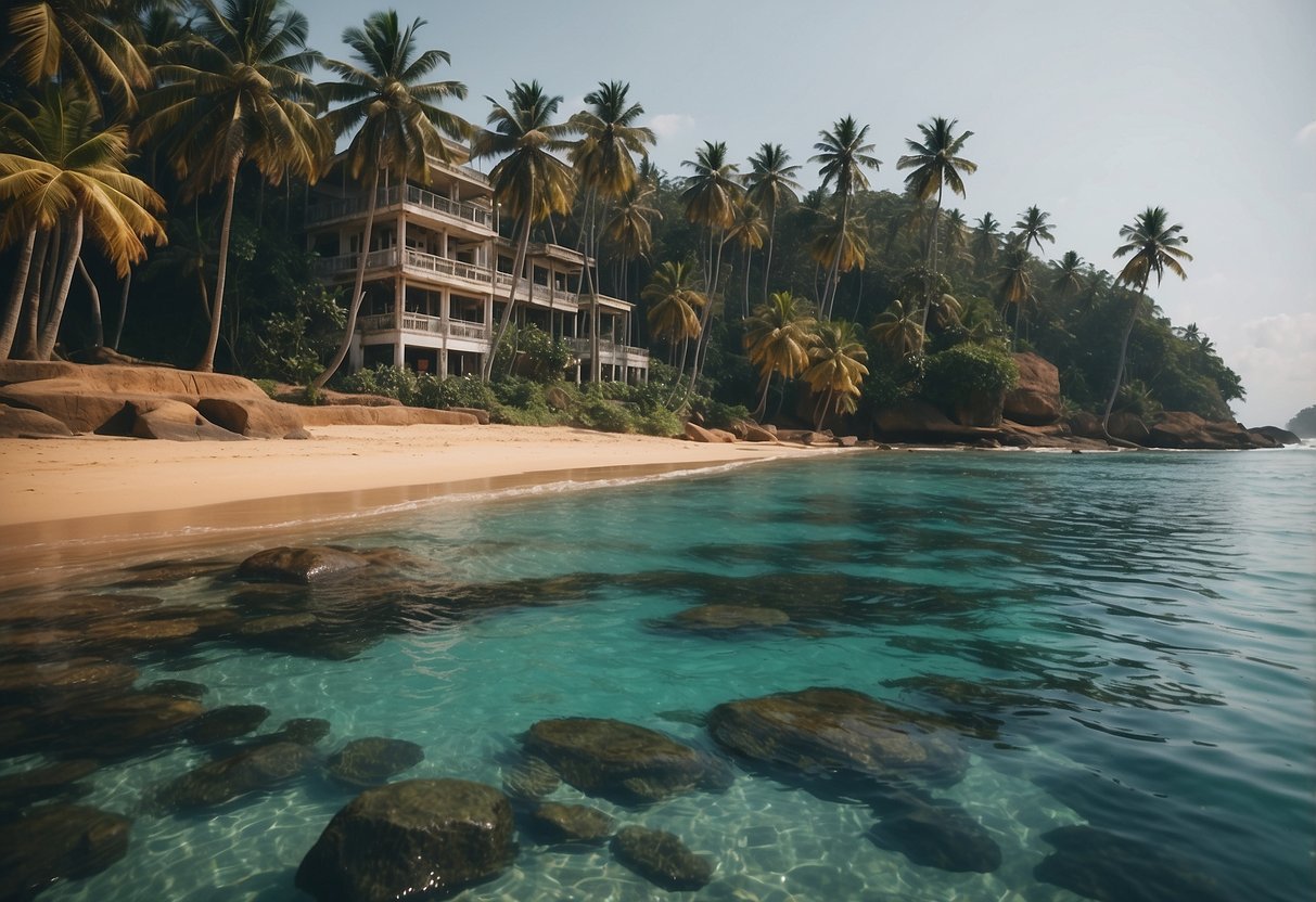 A serene beach in Mirissa, Sri Lanka, with palm trees, turquoise waters, and cozy accommodations lining the shore