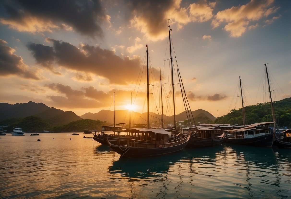 The sun sets over Labuan Bajo, casting a warm glow on the bustling harbor and traditional wooden boats. The rugged coastline and lush green hills provide a picturesque backdrop