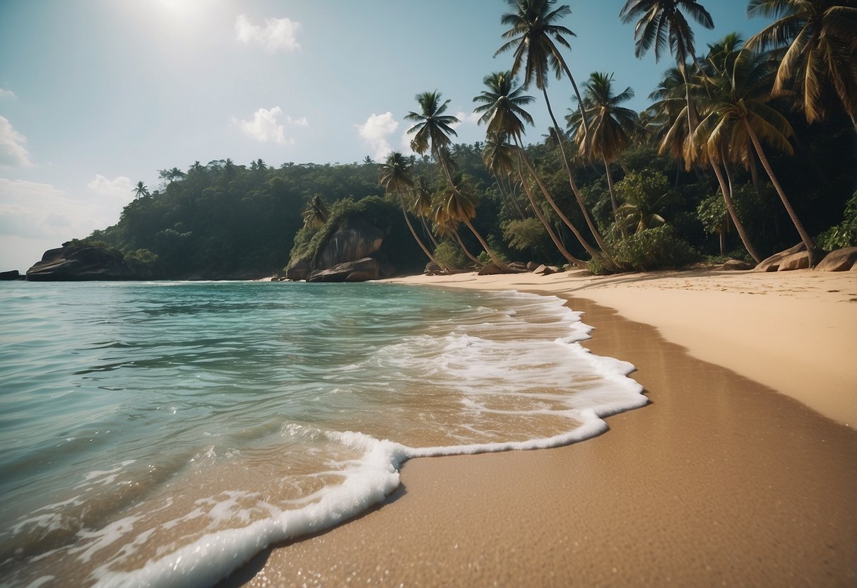 A serene beach in Sri Lanka with turquoise waters, palm trees, and golden sand, capturing the essence of a relaxing vacation