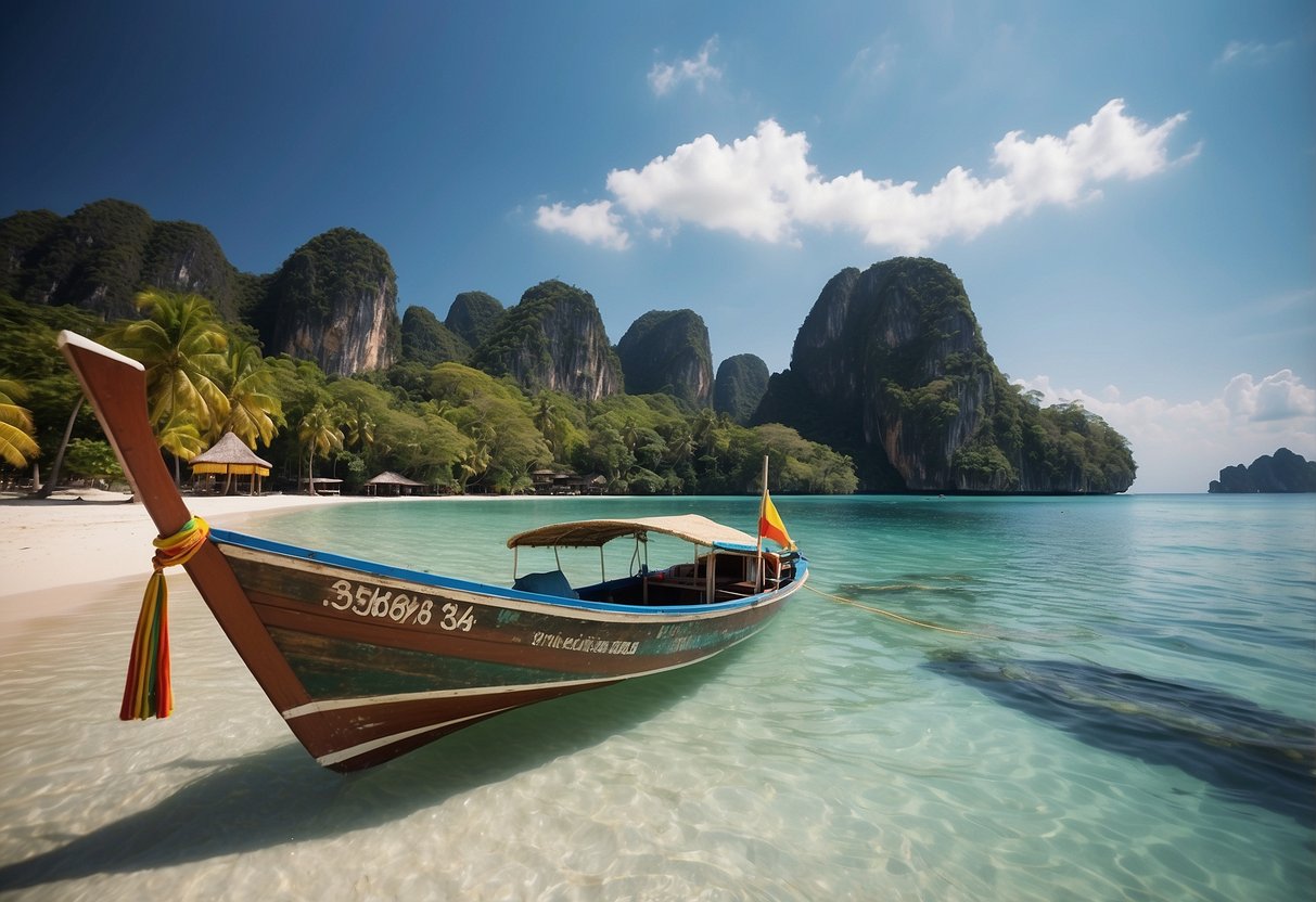 A serene beach in Thailand, with crystal clear waters, palm trees swaying in the breeze, and a colorful longtail boat anchored near the shore
