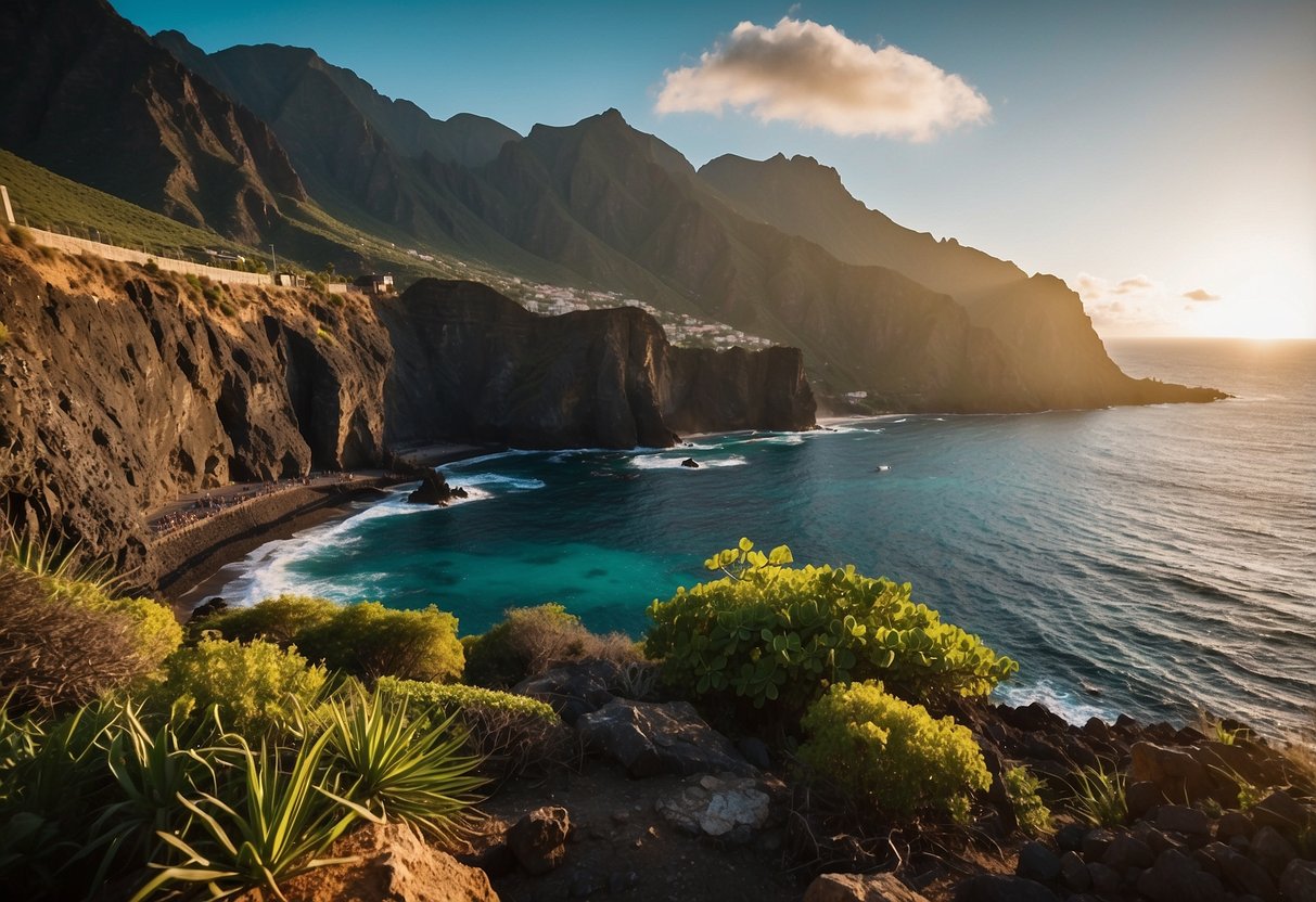 The beautiful cliffs of Tenerife rise majestically from the turquoise waters, with lush greenery clinging to their rugged edges. The sun sets behind the peaks, casting a warm glow over the picturesque landscape