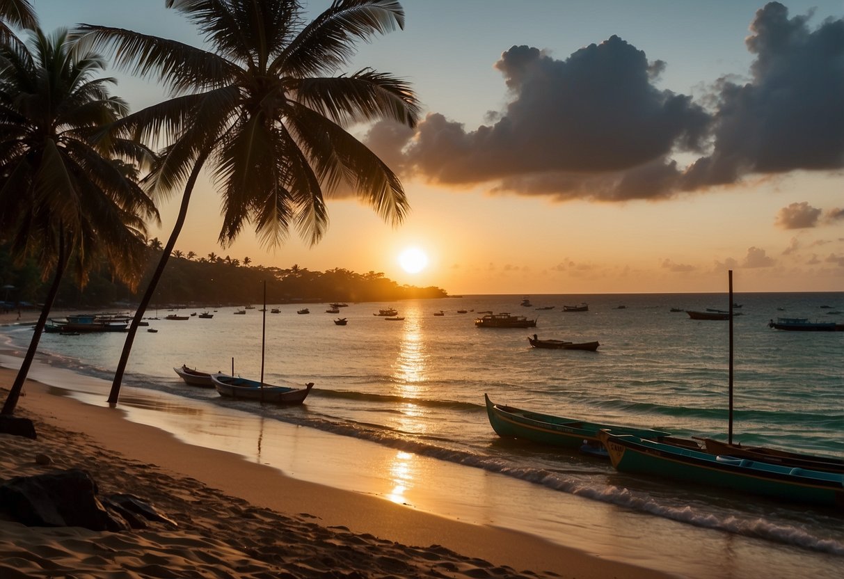 The sun sets over Unawatuna beach, casting a warm glow on the palm-fringed shore and calm, turquoise waters. Boats bob gently in the distance, while colorful umbrellas dot the sandy expanse