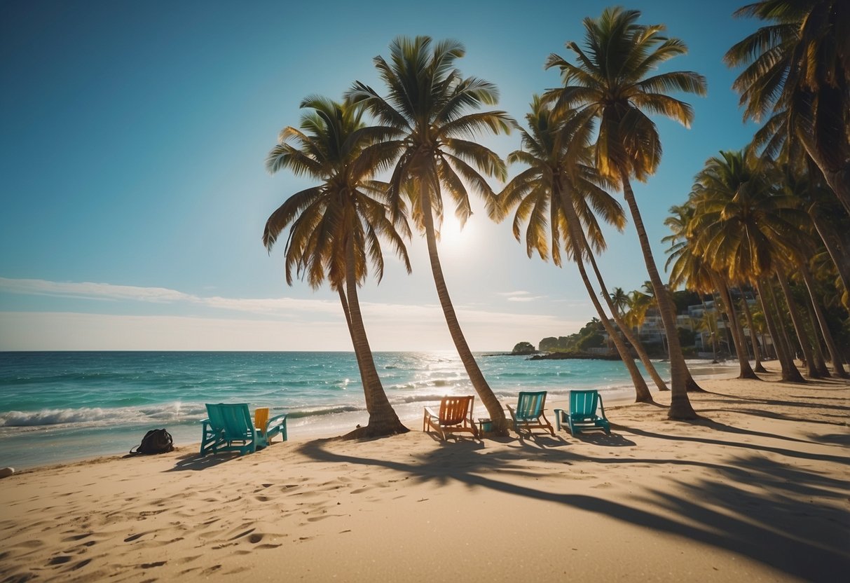 Palm trees sway on the sandy beach, as waves crash against the shore. Colorful boats bob in the turquoise water, while tourists relax in beach chairs under the warm sun