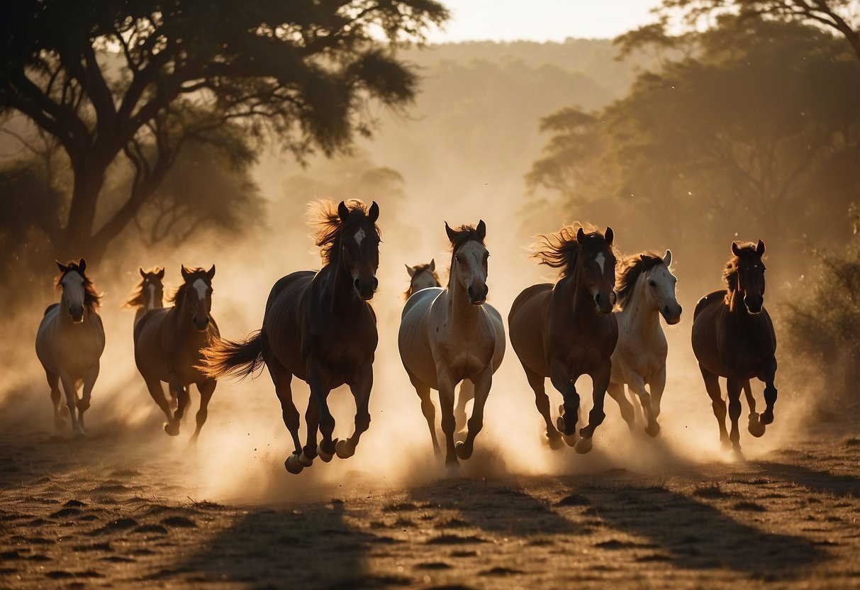 A herd of wild horses gallop across the open savanna of Sumba, kicking up dust as they move under the golden sun