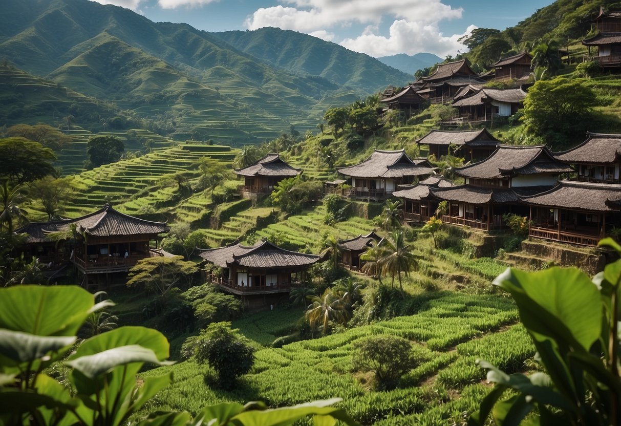 Lush green landscape with traditional Sumbanese houses, surrounded by vibrant textiles and intricate wood carvings. A backdrop of rolling hills and clear blue skies completes the scene