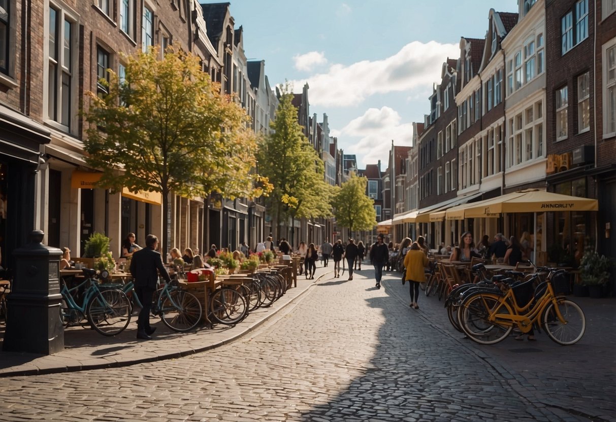 A bustling street in Utrecht, with colorful buildings and bicycles lining the cobblestone roads, while people enjoy outdoor cafes and browse through charming shops