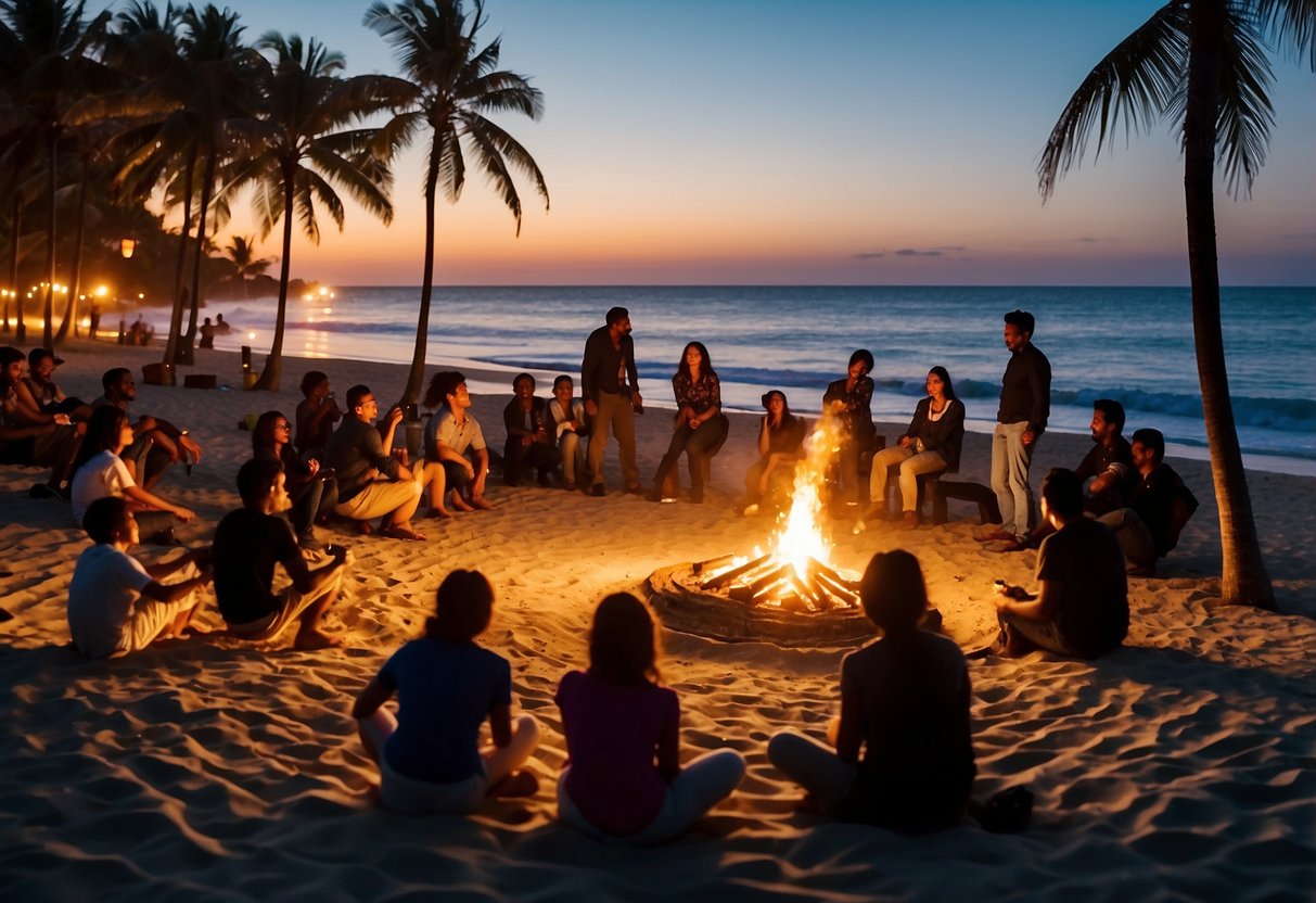 Colorful lights illuminate a beach, silhouetting palm trees. People dance and celebrate around a bonfire, casting long shadows in the sand