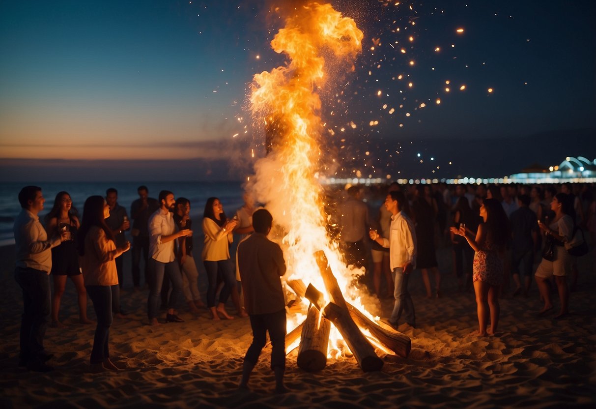 A beach at night with a bonfire, colorful lights, and a large crowd of people dancing and celebrating