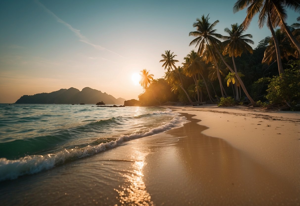 Tropical beach with palm trees, turquoise water, and white sand in Thailand. Sun setting on the horizon, casting a warm glow