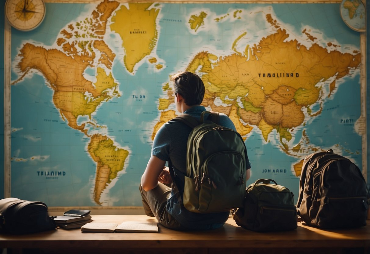 In preparation for a 4-week trip to Thailand, a traveler packs their backpack and checks their passport and tickets. They stand in front of a world map, planning their route