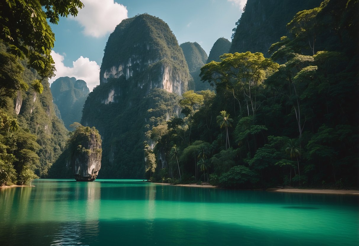 Lush rainforest with towering limestone cliffs, tranquil emerald green lake, and diverse wildlife in Khao Sok National Park