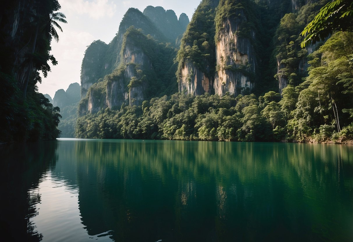 A lush green jungle with towering limestone cliffs, a serene lake, and diverse wildlife in Khao Sok National Park