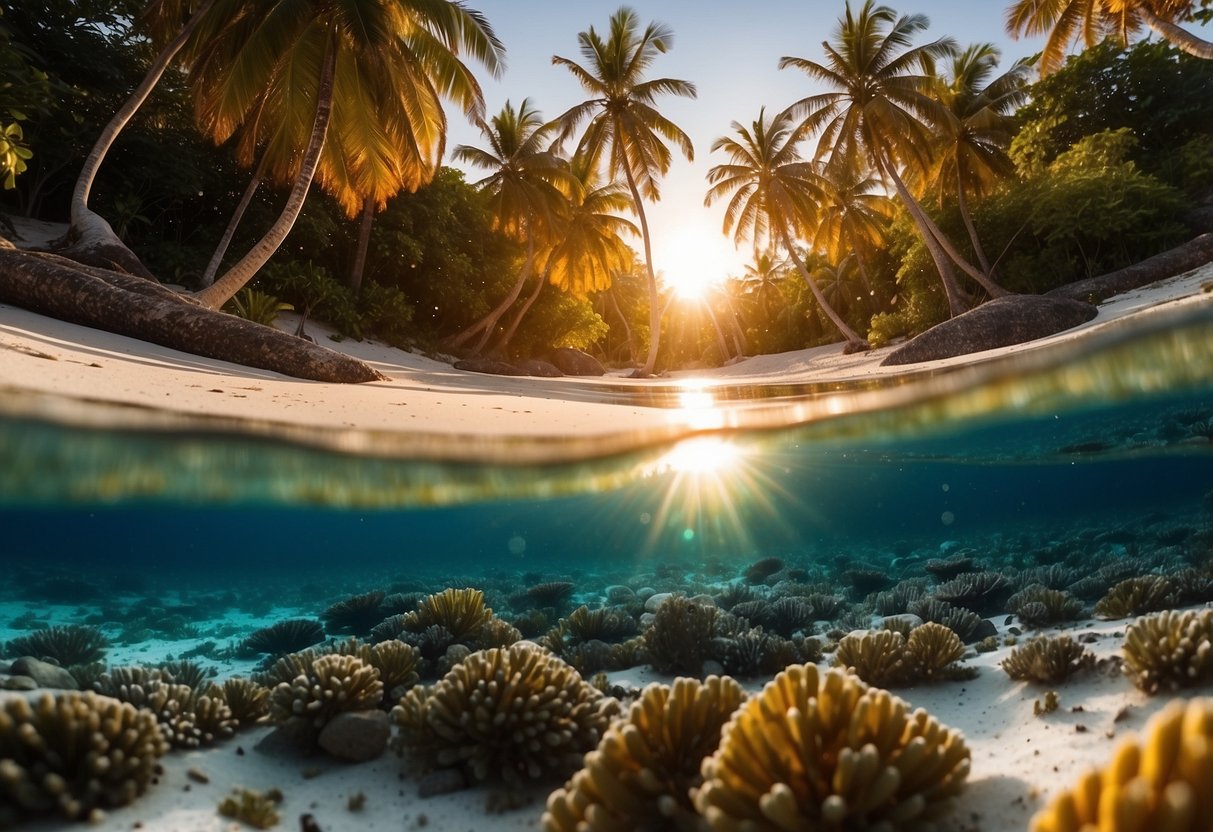 The sun sets over Moalboal, casting a warm glow on the pristine white beaches and crystal-clear waters. Palm trees sway gently in the breeze, and colorful coral reefs are visible beneath the surface