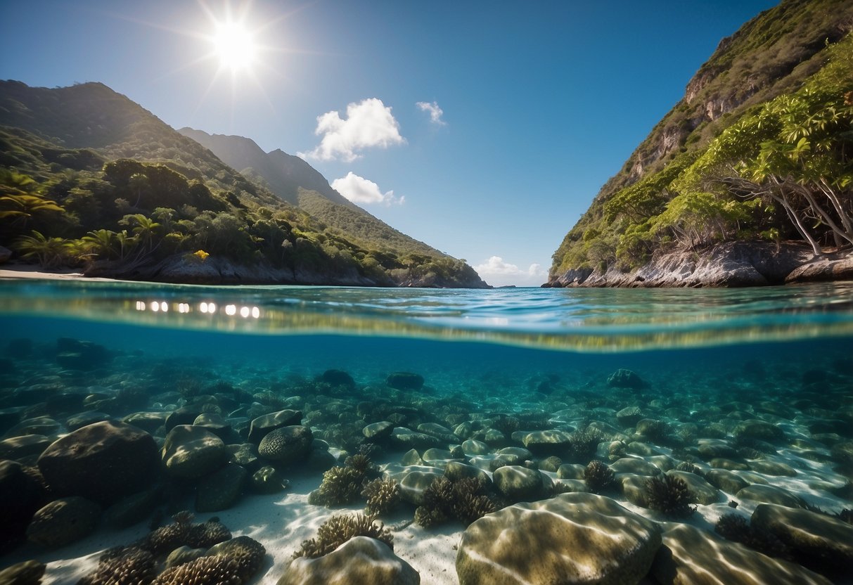 A serene beach with crystal clear waters, surrounded by lush green mountains and vibrant coral reefs. Snorkelers and divers explore the colorful marine life while kayakers paddle along the calm coastline