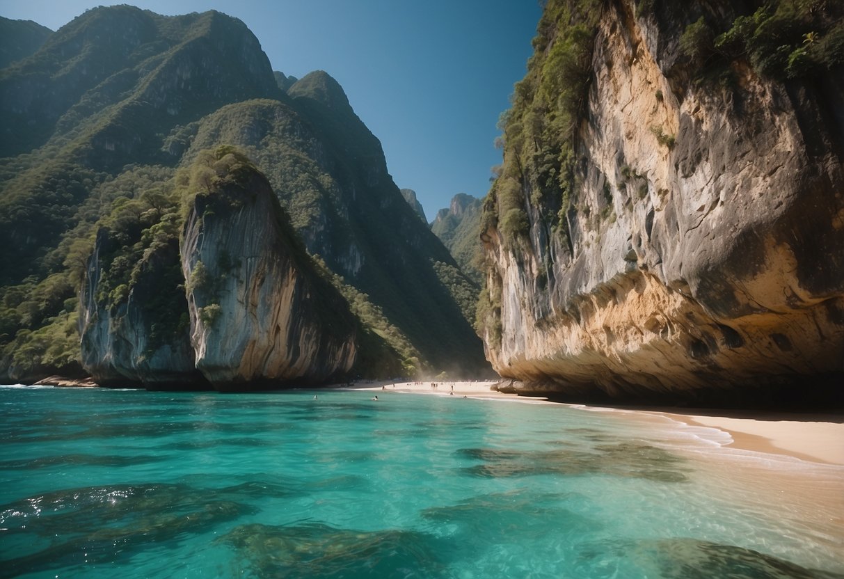 Kelingking Beach: Turquoise waters crash against towering limestone cliffs, forming a dramatic and picturesque coastline