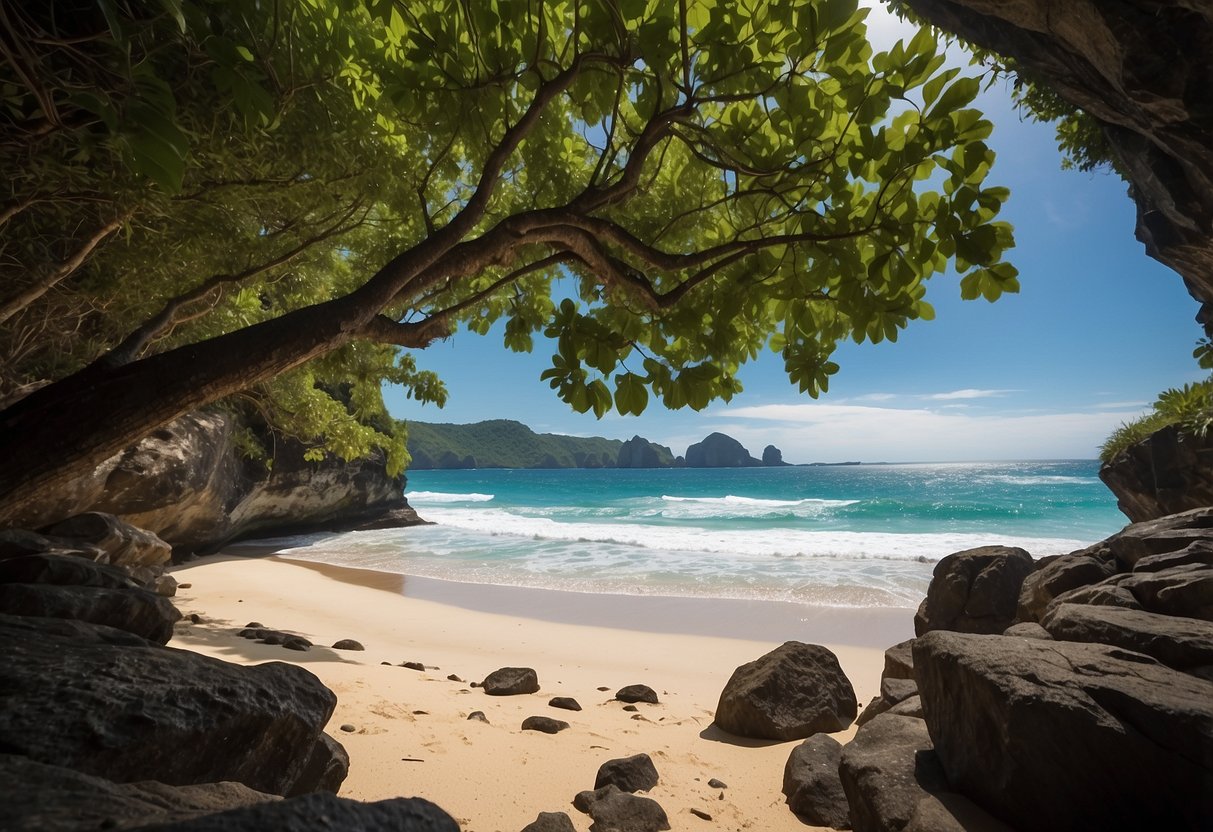 A vibrant beach with turquoise waters and towering cliffs, surrounded by lush greenery and white sandy shores. Waves crash against the rocks, creating a picturesque scene at Kelingking Beach