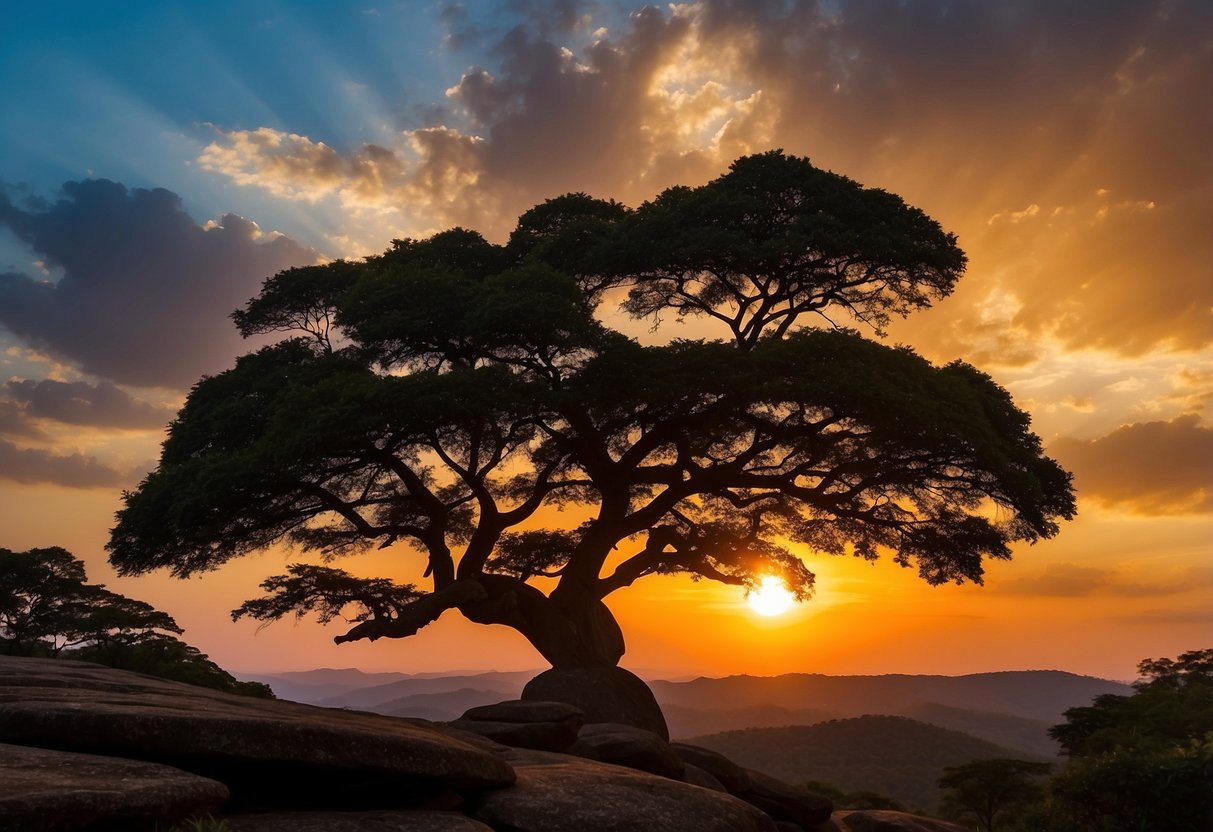 The sun sets behind the silhouette of Pidurangala Rock, casting a warm glow over the surrounding landscape. The jagged edges of the rock stand out against the colorful sky