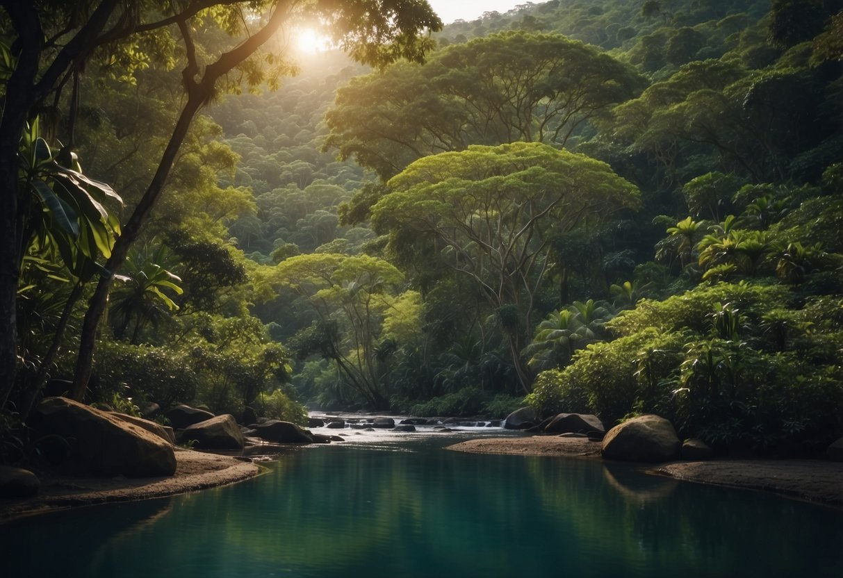 A lush jungle with towering trees and a winding river, where a majestic Komodo dragon prowls