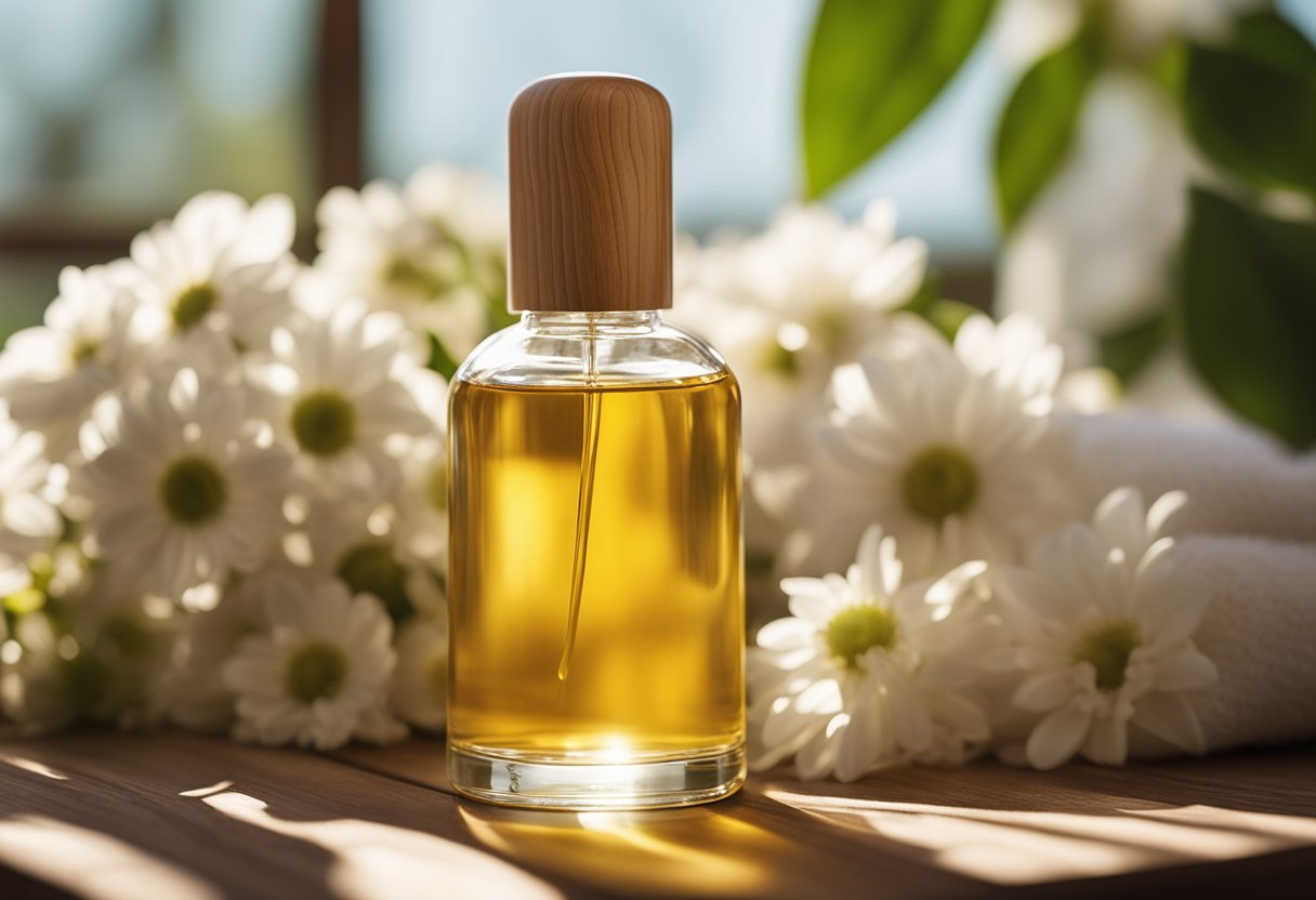 Um frasco de óleo capilar sobre uma mesa de madeira, cercado por flores frescas e uma toalha macia, com a luz do sol entrando por uma janela próxima