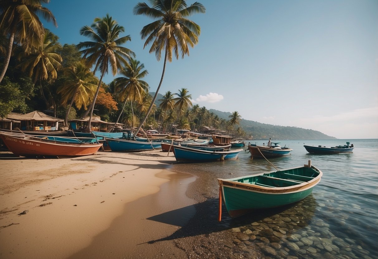 Amed Bali: A serene beach with crystal-clear water, palm trees swaying in the gentle breeze, and colorful fishing boats dotting the horizon