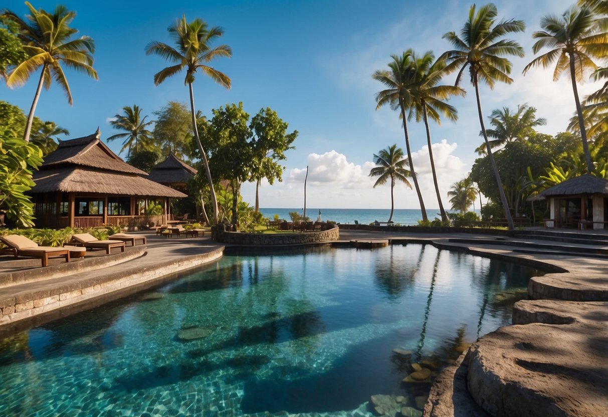 Amed, Bali: Illustrate travel information signs and maps in a beachfront setting with palm trees and clear blue waters