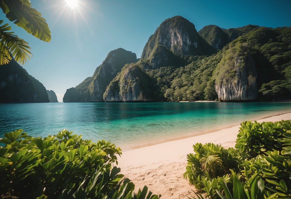 A secluded beach with towering limestone cliffs, crystal-clear turquoise waters, and lush greenery surrounding El Nido