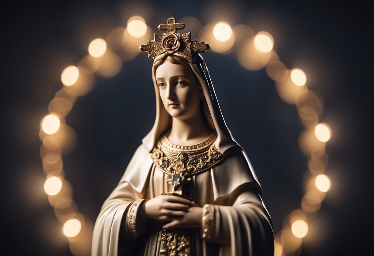 Santa Rita de Cássia stands with a halo, holding a crucifix and roses, surrounded by a glowing aura of light. A sense of hope and faith emanates from her presence